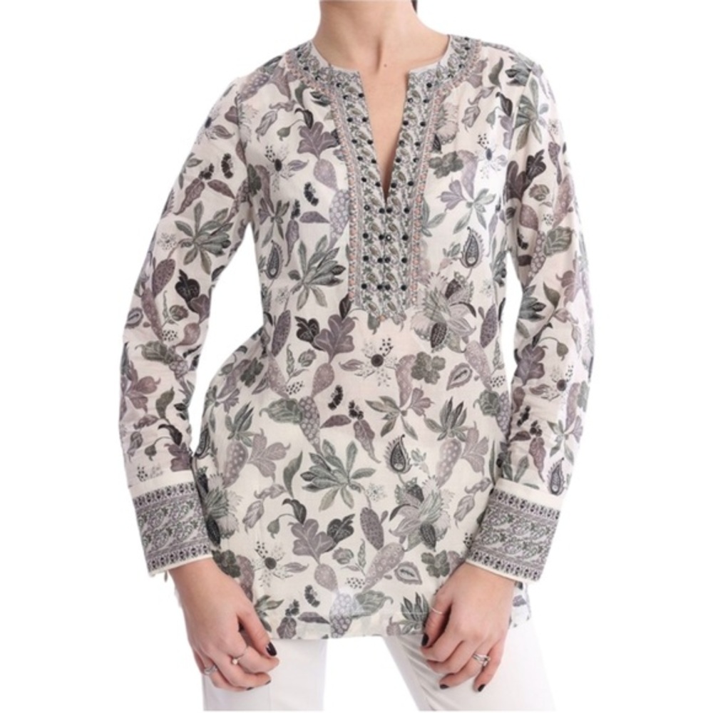 Tory Burch Botanical Print White Grey Long Sleeve Top, Size 2